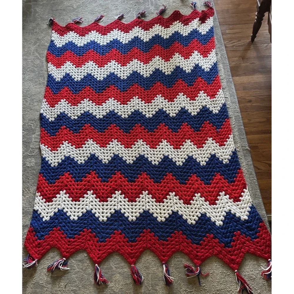 Granny Square Red White Blue Patriotic Hand Crochet Fringe Afghan Blanket 76 46